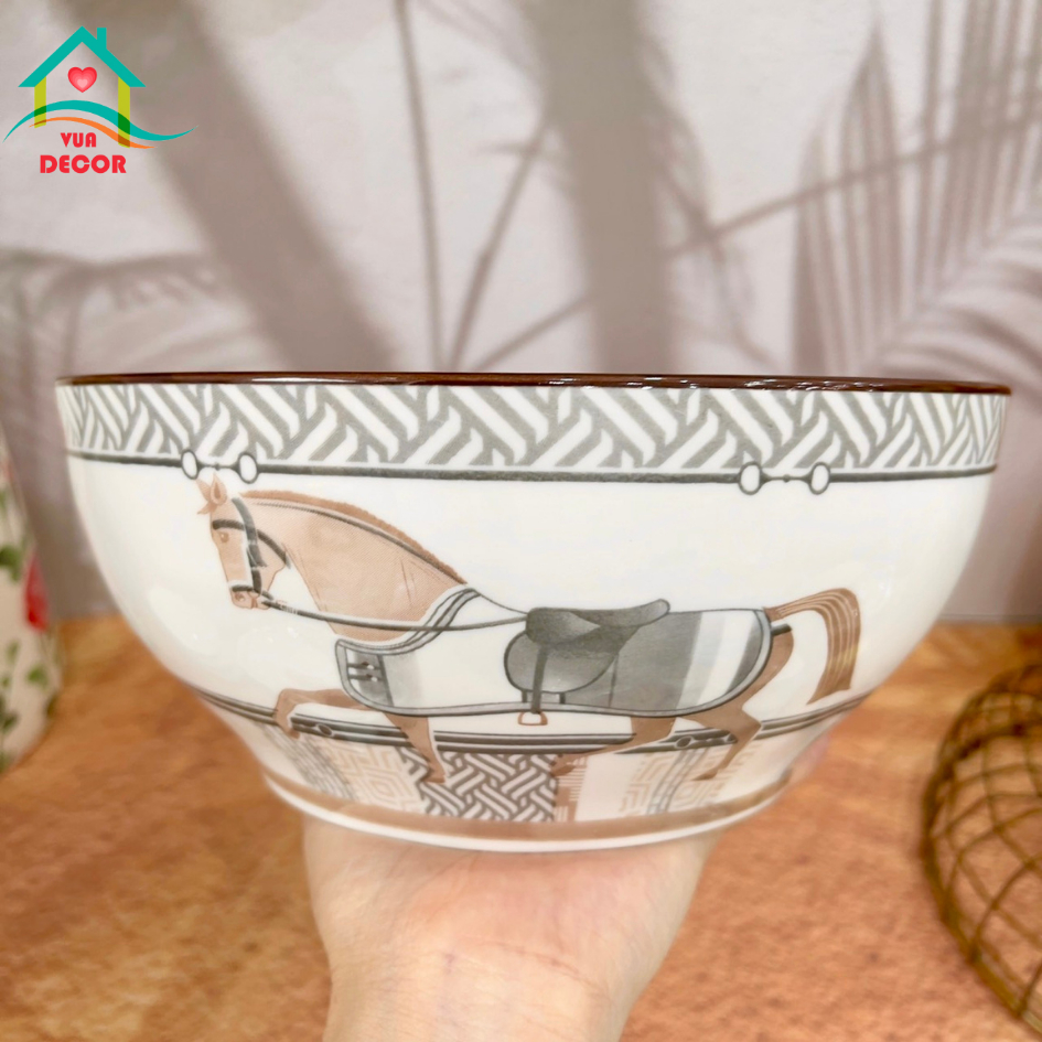 Bộ bát đĩa sứ Ngựa La Mã-chén bát Decor-bộ bát ăn cơm dễ thương phủ men bóng viền nâu cao cấp,chén dĩa sứ VuaDecor