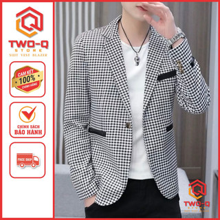 Áo Khoác Vest Blazer Nam Kẻ Caro Trắng Đen Cao Cấp trẻ trung phong cách Hàn Quốc - Q&Q STORE