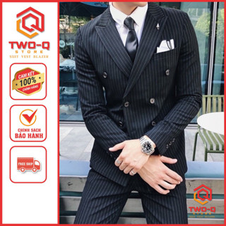 Bộ vest nam 6 cúc Sọc Kẻ Đen nam Hàn Quốc, hàng 2 lớp, quần âu áo vest form chuẩn cao cấp