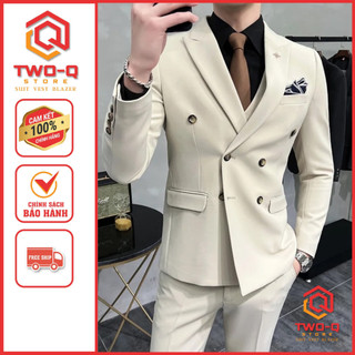 Bộ vest nam 6 cúc màu Xanh phong cách Hàn Quốc, hàng 2 lớp, quần âu áo vest form chuẩn cao cấp