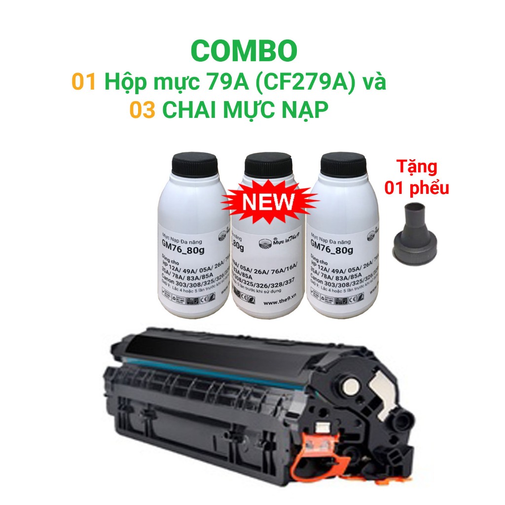 COMBO 01 Hộp mực 79A (CF279A) CÓ LỔ NẠP MỰC và 03 CHAI MỰC NẠP cho máy HP Pro M12a/ M12w/ M26a/ M26nw/01 hộp 79A/03 GM76