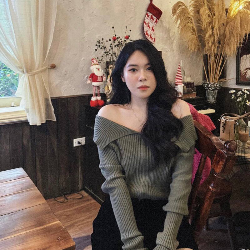 Áo len tăm dài tay trễ vai cổ bèo tiểu thư khoá kéo 2 chiều chuẩn đẹp phong cách nàng thơ sang chảnh