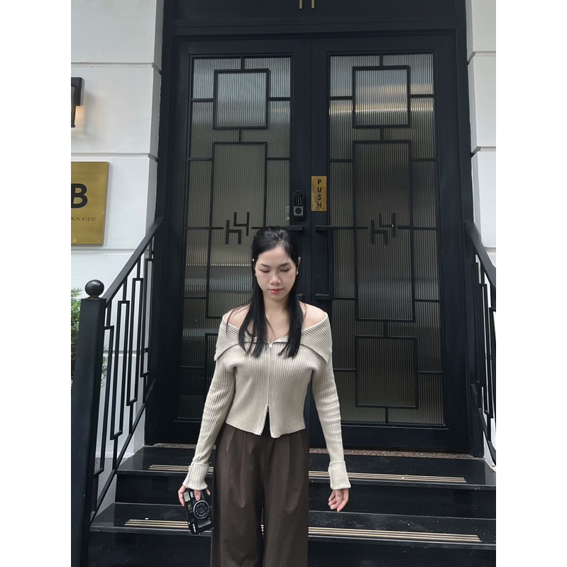 Áo len tăm dài tay trễ vai cổ bèo tiểu thư khoá kéo 2 chiều chuẩn đẹp phong cách nàng thơ sang chảnh