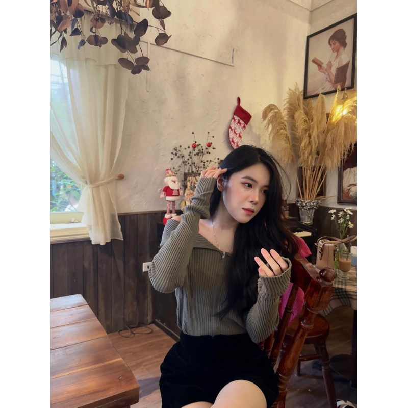 Áo len tăm dài tay trễ vai cổ bèo tiểu thư khoá kéo 2 chiều chuẩn đẹp phong cách nàng thơ sang chảnh