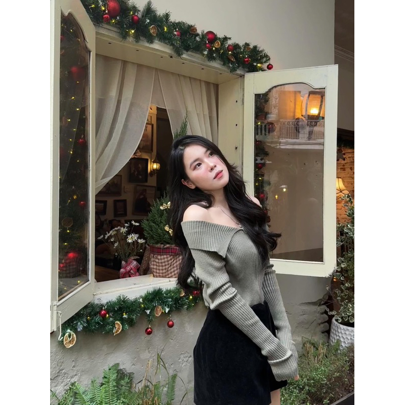 Áo len tăm dài tay trễ vai cổ bèo tiểu thư khoá kéo 2 chiều chuẩn đẹp phong cách nàng thơ sang chảnh