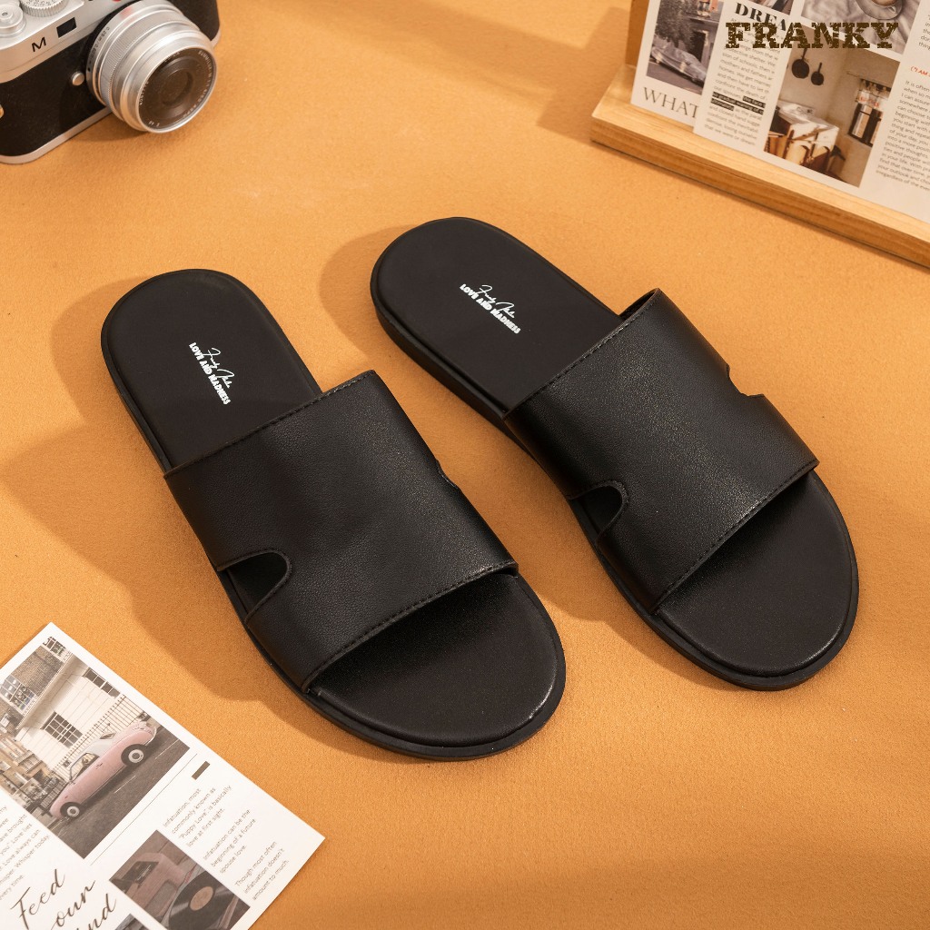 Dép Da Nam Franky Flat Slippers - Black Vân Trơn Thiết Kế Cá Tính, Độc Đáo Bảo Hành 1 Năm