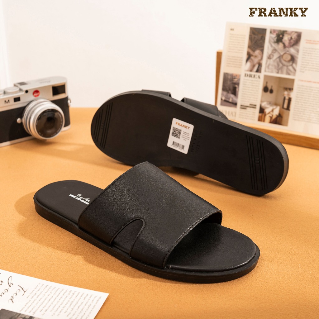 Dép Da Nam Franky Flat Slippers - Black Vân Trơn Thiết Kế Cá Tính, Độc Đáo Bảo Hành 1 Năm