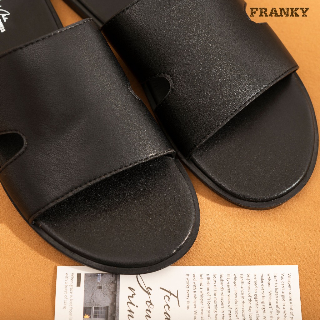 Dép Da Nam Franky Flat Slippers - Black Vân Trơn Thiết Kế Cá Tính, Độc Đáo Bảo Hành 1 Năm