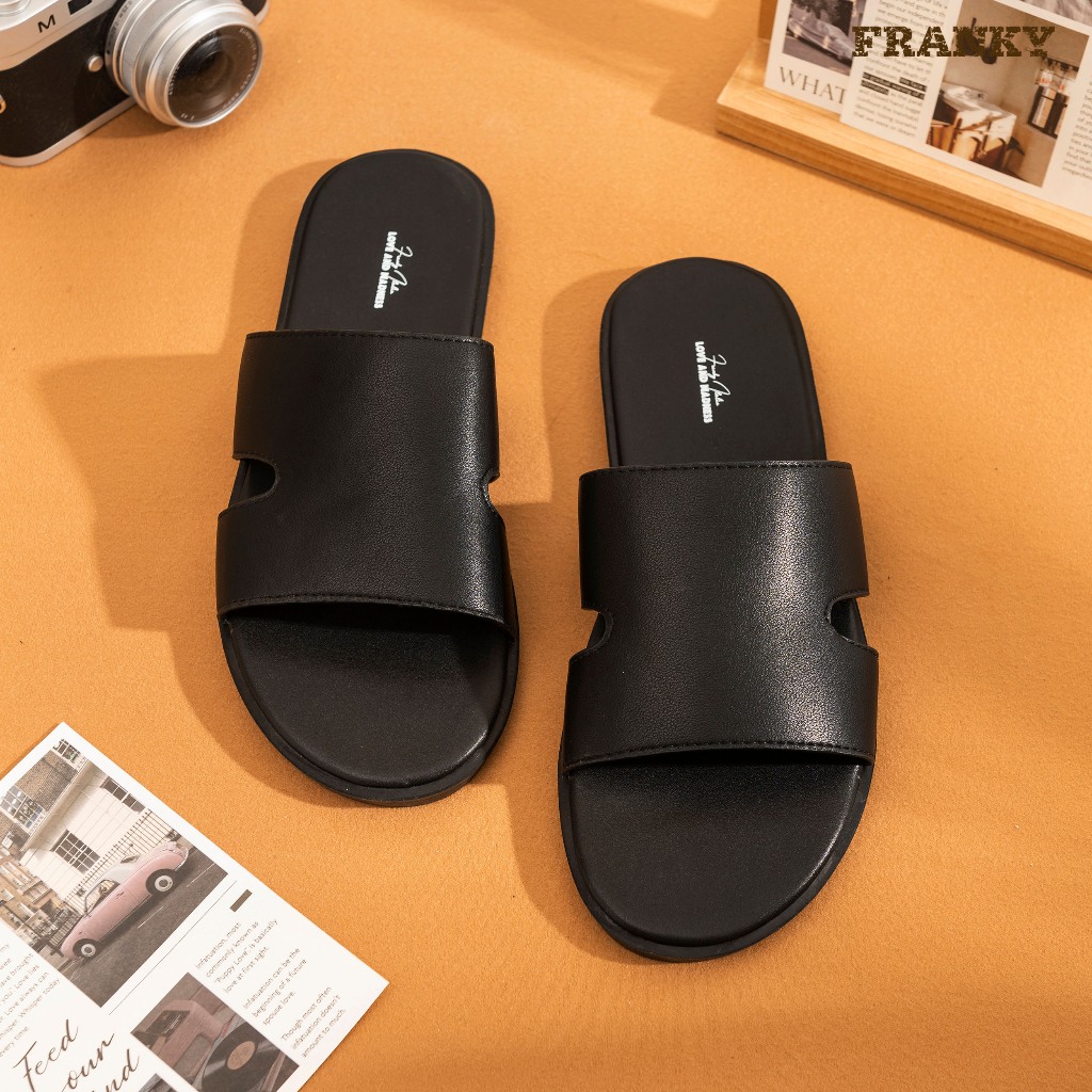 Dép Da Nam Franky Flat Slippers - Black Vân Trơn Thiết Kế Cá Tính, Độc Đáo Bảo Hành 1 Năm