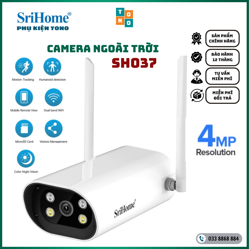 Camera IP không dây ngoài trời chống nước chống bụi Srihome SH037 QHD 4MP hỗ trợ wifi chuẩn 5Ghz - Bảo hành 12 tháng