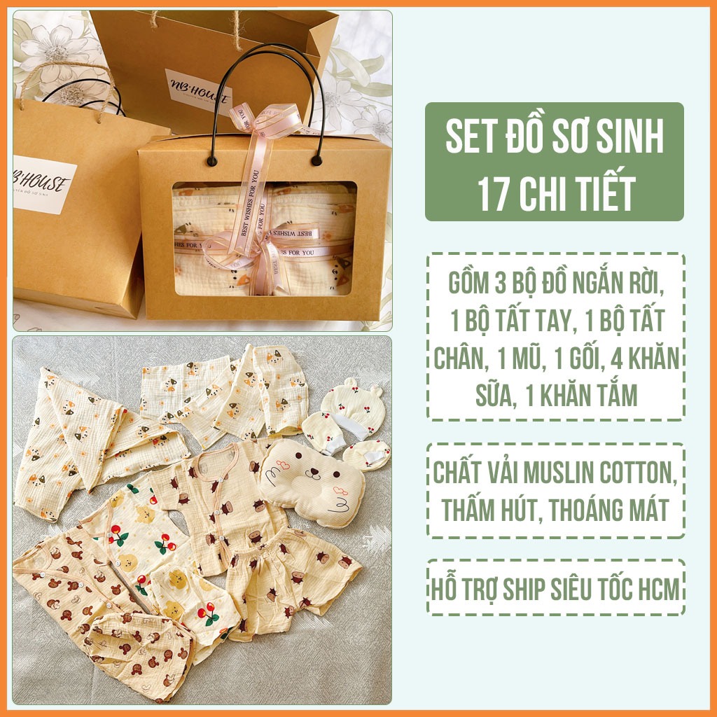 Set Quà Tặng Sơ Sinh 17 Chi Tiết Cho Bé Trai Và Bé Gái Vải Muslin