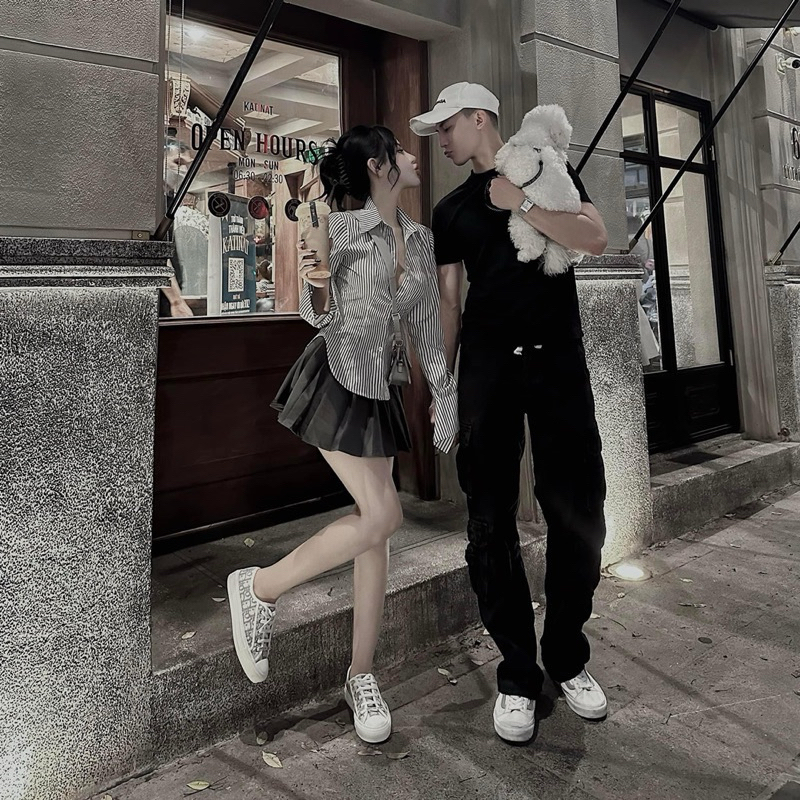 Set áo sơ mi kẻ mix chân váy xoè