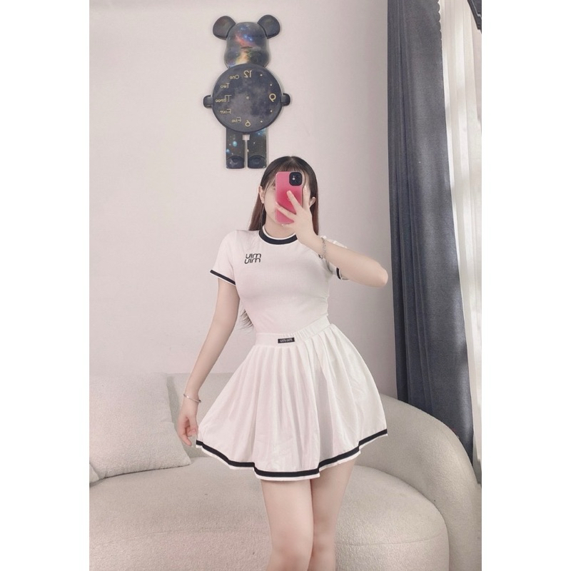 Set Len MiuMiu Kèm Chân Váy Xếp Ly ,Phong Cách Hàn Quốc