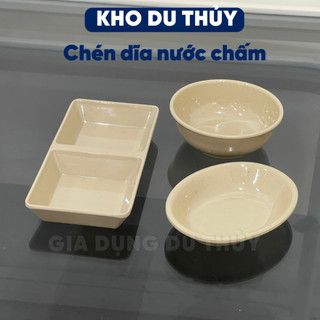 Dĩa chấm, chén nước mắm, chén muối, đựng chanh ớt, tương nhựa melamine nhựa phíp hình tròn, 2 ngăn vuông màu vàng nâu