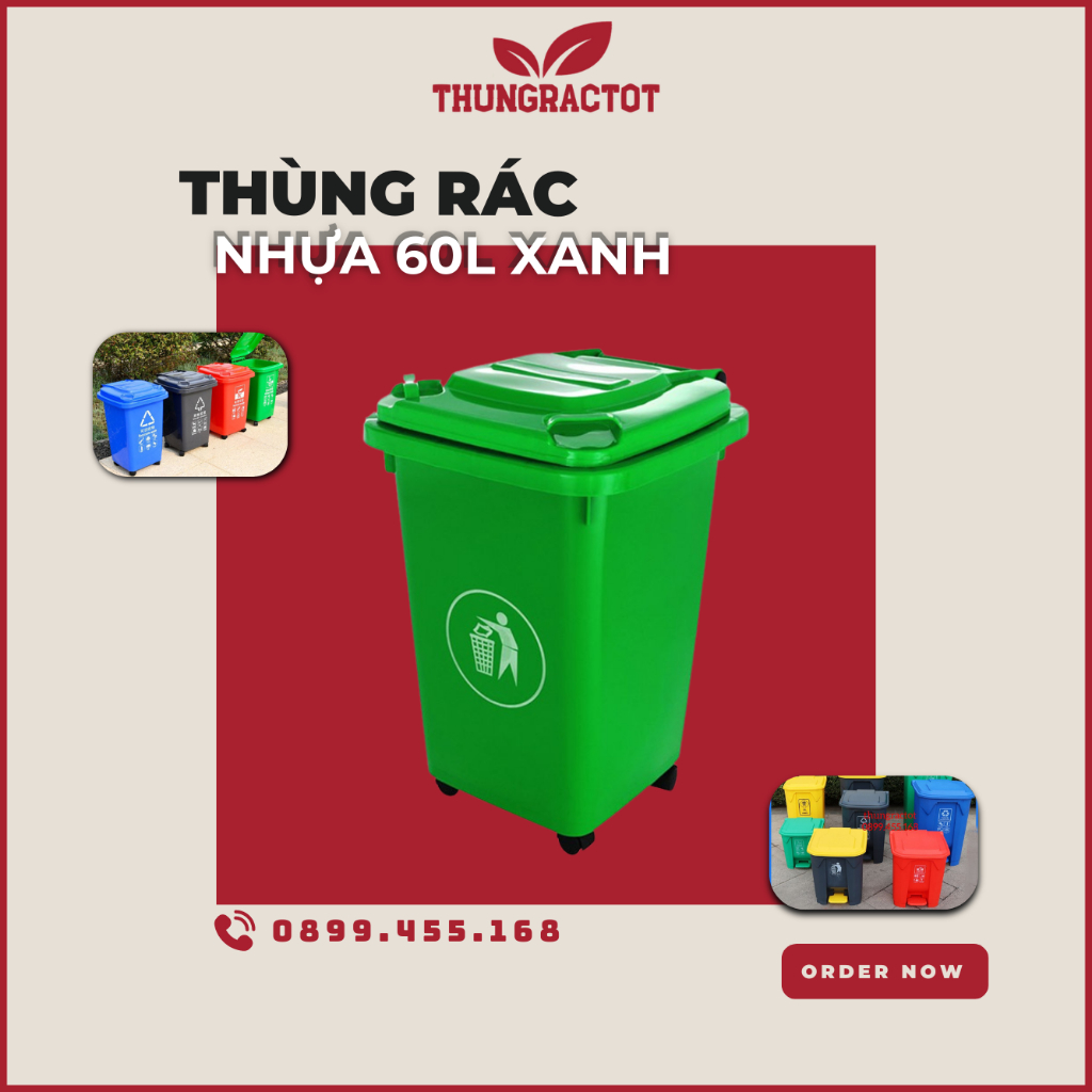 Thùng rác nhựa 60 lít xanh, thùng rác nhựa công cộng HDPE 60l , thùng rác nhựa 60 lít có bánh xe