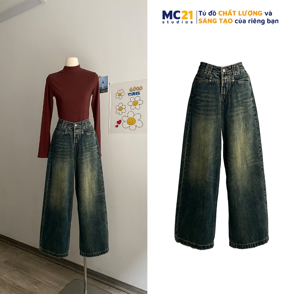 Quần jeans MC21.STUDIOS dáng dài ống suông lưng cạp cao bigsize Ulzzang Streetwear Hàn Quốc chất denim bò xịn Q3806