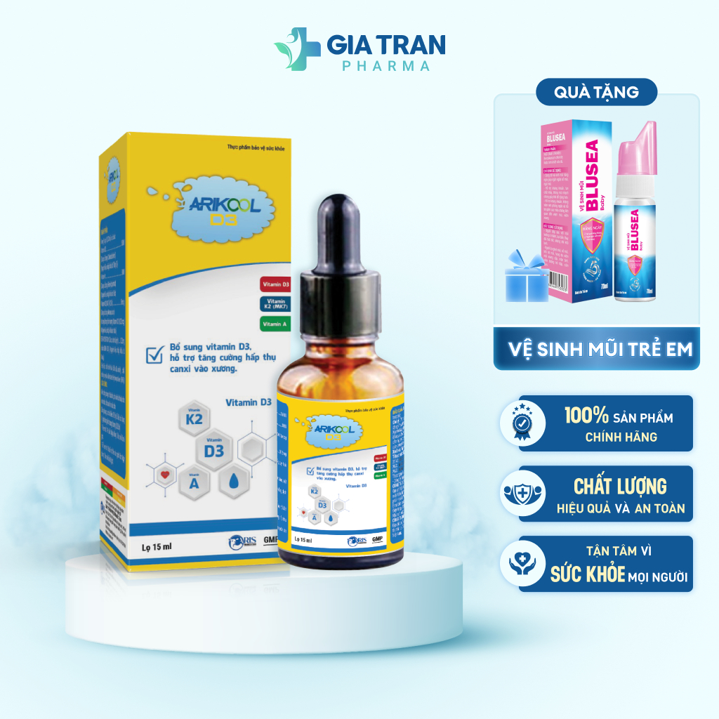 Vitamin D3 K2 Arikool - Bổ Sung Vitamin D3 K2 cho trẻ từ 1 tuổi, hỗ trợ tăng cường hấp thụ canxi vào xương