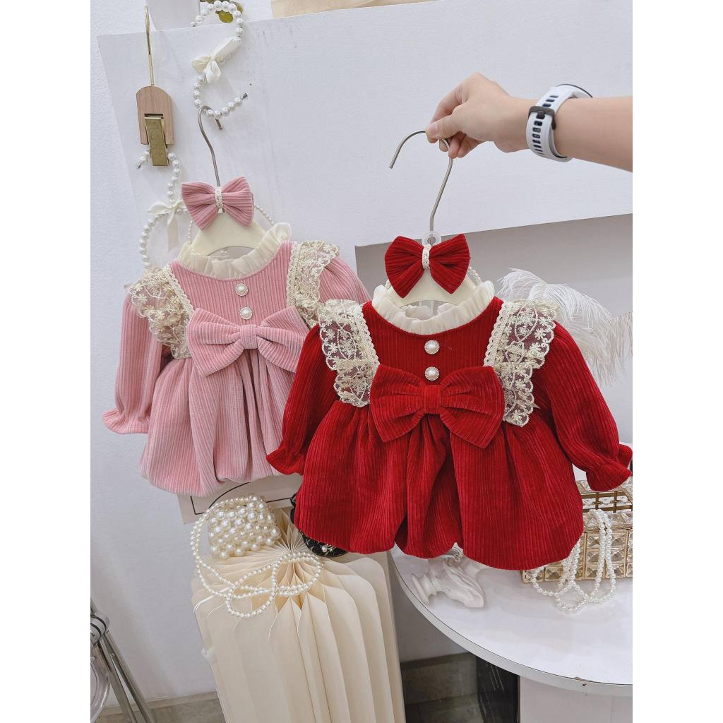 Váy Nhung Bí Phối Ren 4-10 kg,Váy Thu Đông Cho Bé Gái Đầy Tháng Thôi Nôi Chất Mềm