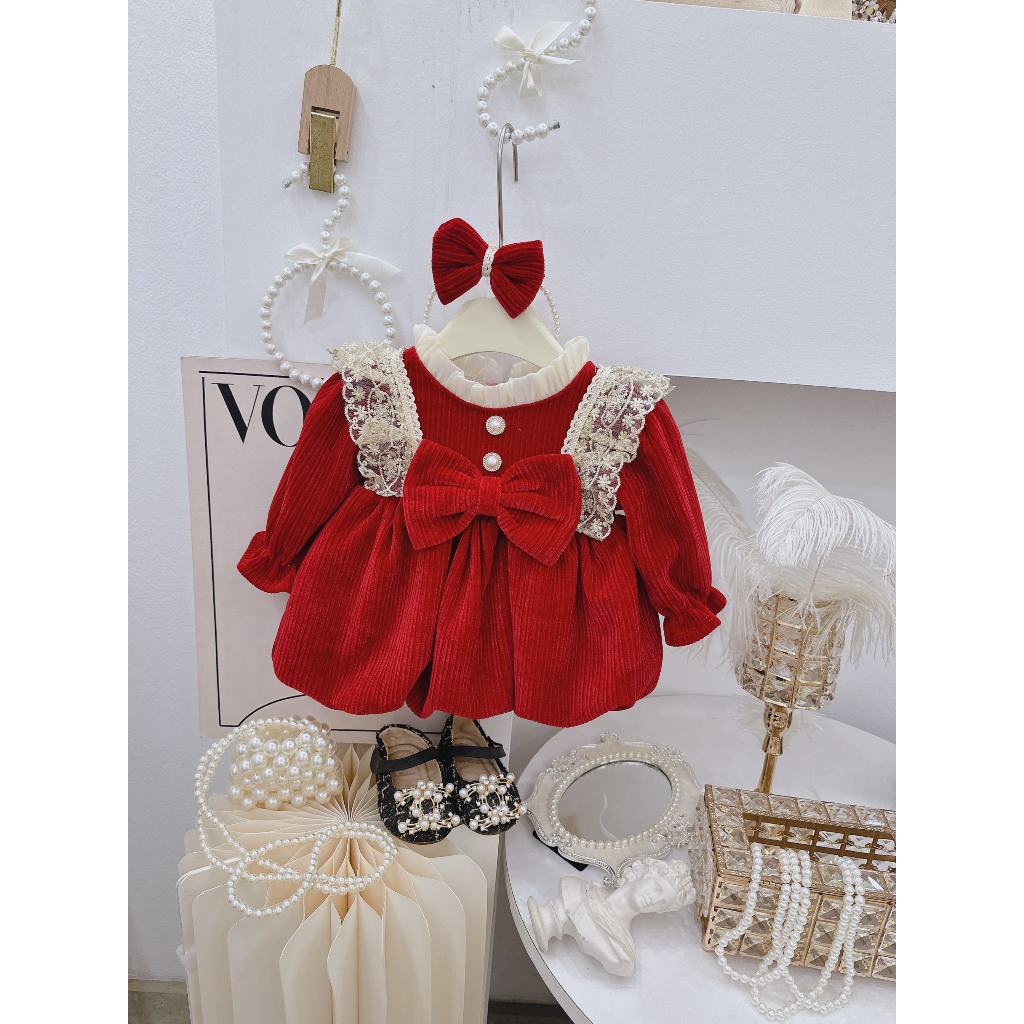 Váy Nhung Bí Phối Ren 4-10 kg,Váy Thu Đông Cho Bé Gái Đầy Tháng Thôi Nôi Chất Mềm