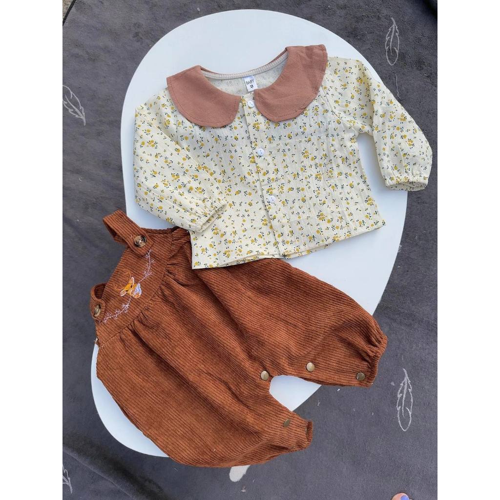 Sét yếm nâu tây áo hoa cổ sen 5-13 Kg,Sét thu cho bé gái chất nhung tăm mềm .