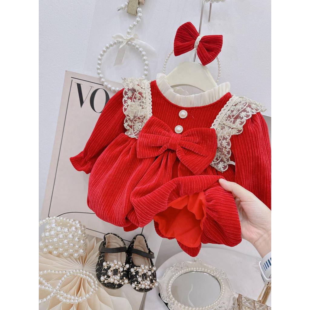 Váy Nhung Bí Phối Ren 4-10 kg,Váy Thu Đông Cho Bé Gái Đầy Tháng Thôi Nôi Chất Mềm