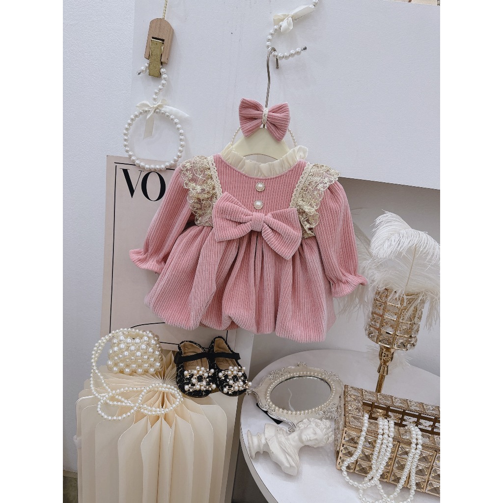 Váy Nhung Bí Phối Ren 4-10 kg,Váy Thu Đông Cho Bé Gái Đầy Tháng Thôi Nôi Chất Mềm