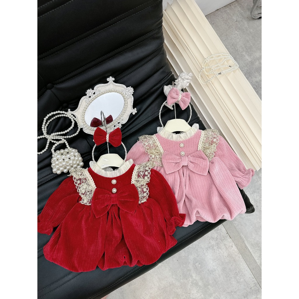 Váy Nhung Bí Phối Ren 4-10 kg,Váy Thu Đông Cho Bé Gái Đầy Tháng Thôi Nôi Chất Mềm