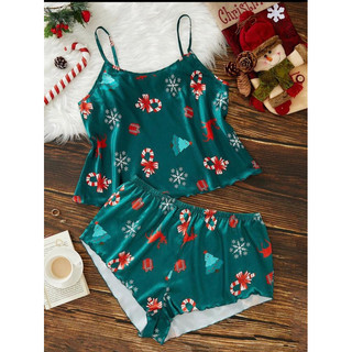 (75kg-95kg) Bộ ngủ 2 dây chất satin Pháp hoạ tiết Giáng sinh