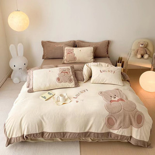 Set chăn ga gối nỉ nhung thêu gấu cao cấp