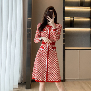 Đầm len nữ cao cấp, thiết kế kẻ sọc caro đỏ, ken eo nhấn dáng NV1169
