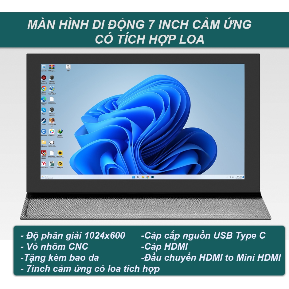 Màn hình di động 7 inch cảm ứng IPS LCD PC RASPBERRY Tích hợp loa Tặng kèm bao da