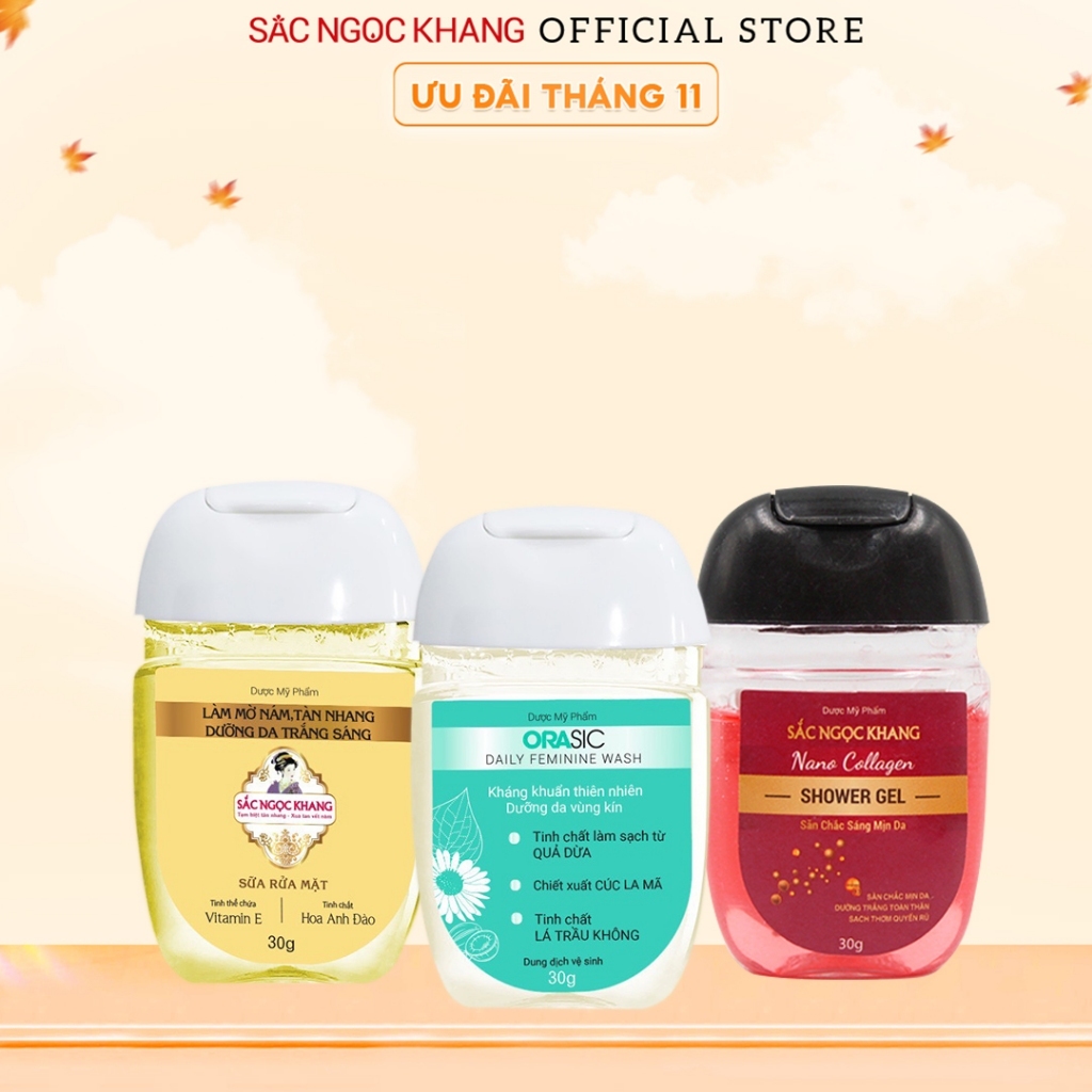 Bộ KIT mini: sữa tắm - sữa rửa mặt - dung dịch vệ sinh phụ nữ Sắc Ngọc Khang phù hợp du lịch, tập gym