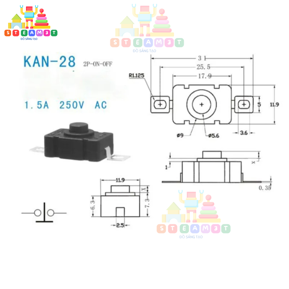 5 công tắc đèn pin KAN-28 tự khóa 1.5A 220V - LK0044