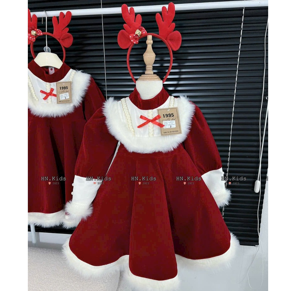 Váy nhung lông thỏ kèm bờm hươu xinh xắn cho bé gái size đại 10-38kg Váy đầm bé gái thu đông chơi Noel, Tết Concungcuame