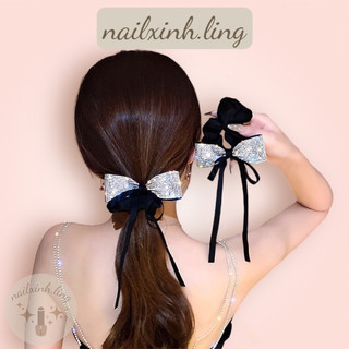 Cột tóc nơ đen đính đá lấp lánh quyến rũ k1- buộc tóc phong cách sang trọng thời trang cho nữ