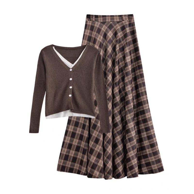 Áo len nâu+chân váy kẻ nâu