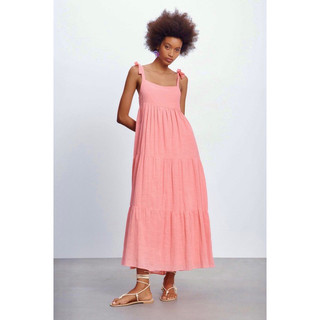 ZARA Đức - Đầm maxi hai dây thun cotton thun lưng dài xòe đi biển màu hồng pastel sale auth new cao cấp có sẵn 7521/303