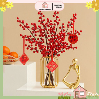 Cành đào đông đỏ 12 nhánh, Nhánh cherry đỏ mọng trang trí nhà cửa, trang trí tết 2024 đón tài lộc