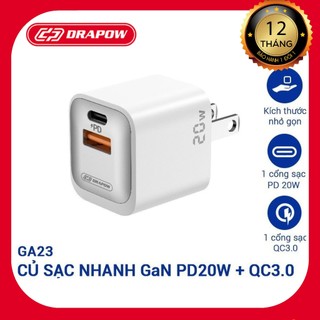 Cục sạc nhanh pd 20w 2 cổng sạc drapow ga23, type c usb-a