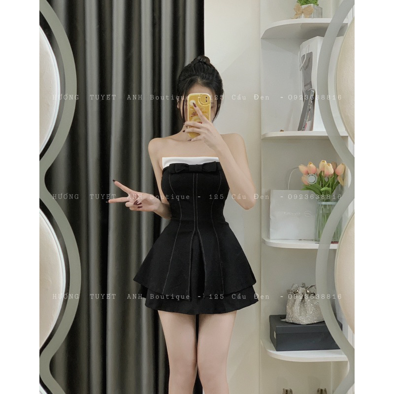 Set áo cúp xẻ nơ ngực chân váy A