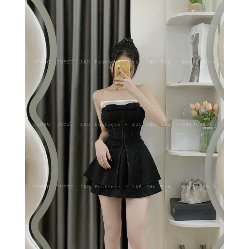 Set áo cúp xẻ nơ ngực chân váy A