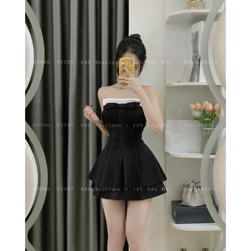 Set áo cúp xẻ nơ ngực chân váy A