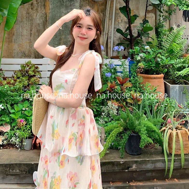 Đầm 2 dây tầng hoa nhí dáng dài đi chơi đi biển dạo phố Nahouse váy maxi hoa bo chun lưng thiết kế đẹp xinh xịn sang