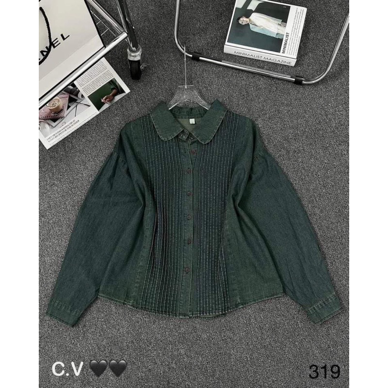 Áo sơ mi jeans phong cách khoác ulzang Hàn Quốc, áo sơ mi bò xếp li siêu xinh
