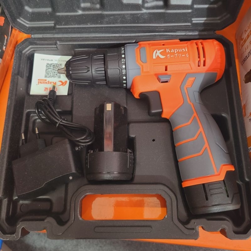 MÁY KHOAN ĐA CHỨC NĂNG 12V KAPUSI THÂN XÁM CAM 2 PIN