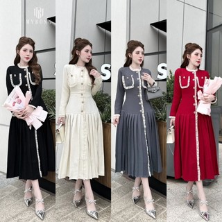 MB81 Đầm dạ đi tiệc cổ tròn đính cúc chạy viền bèo sang chảnh