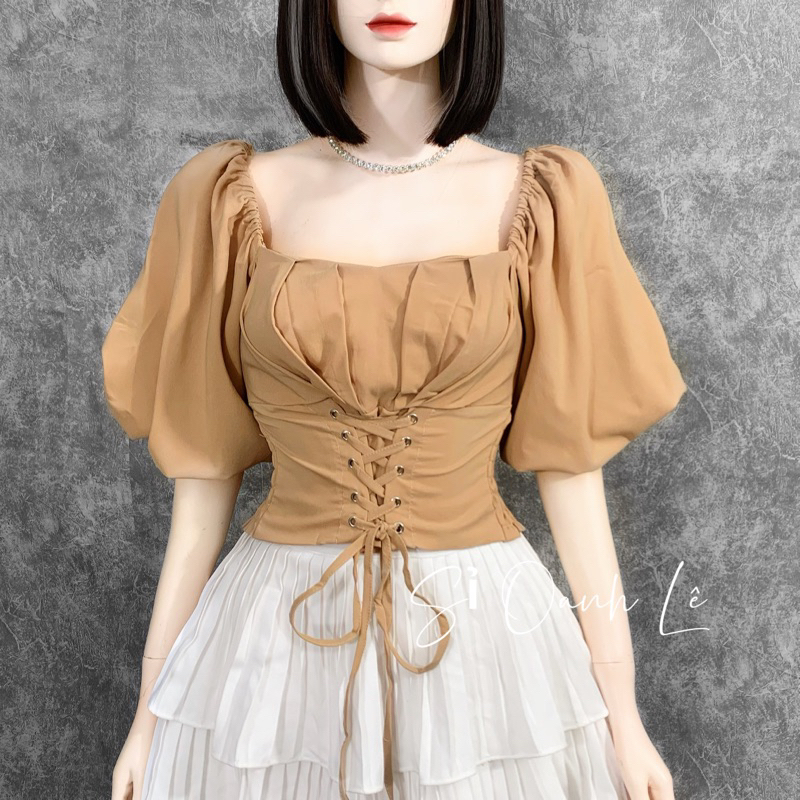 ÁO KIỂU TAY PHỒNG CROPTOP ĐAN DÂY EO