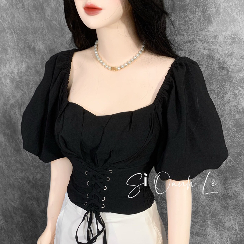 ÁO KIỂU TAY PHỒNG CROPTOP ĐAN DÂY EO