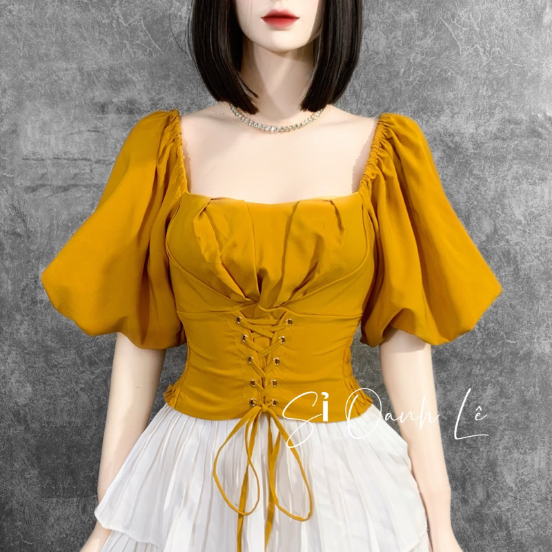 ÁO KIỂU TAY PHỒNG CROPTOP ĐAN DÂY EO