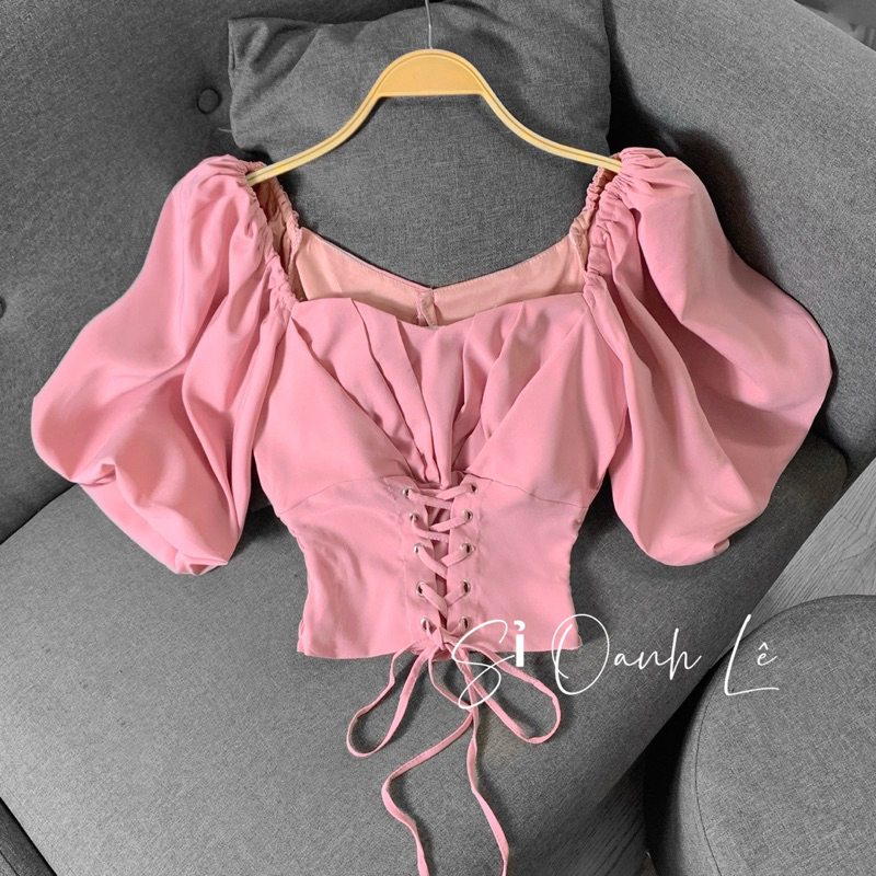 ÁO KIỂU TAY PHỒNG CROPTOP ĐAN DÂY EO